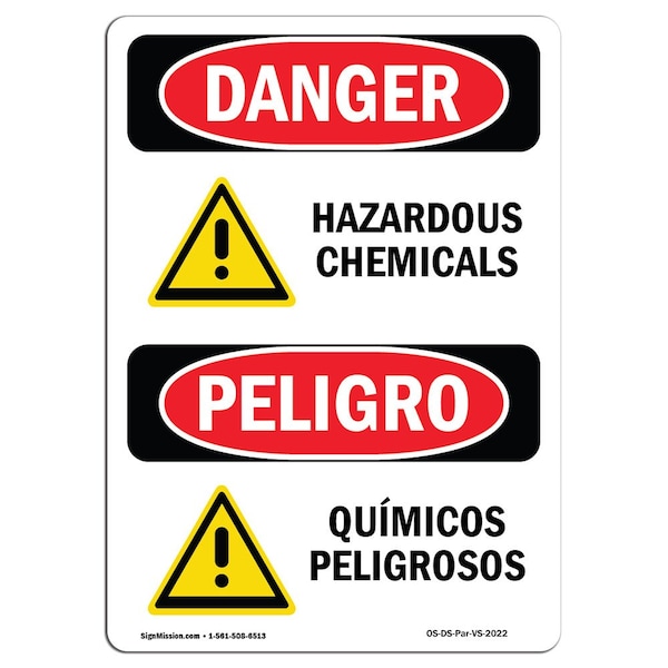Safety Sign, OSHA, 24" Height, Aluminum, Hazardous Chemicals -Quimicos Peligrosos, Span